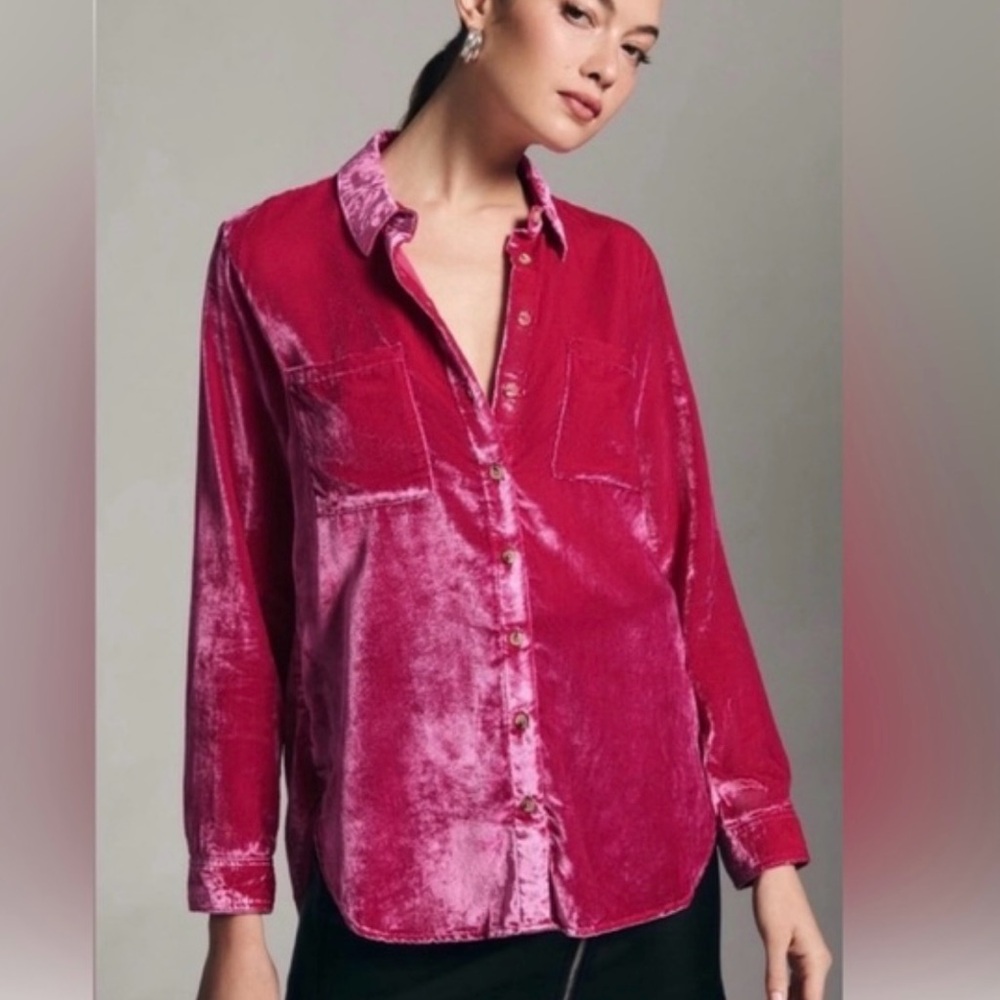 Anthropologie Fuchsia Velvet Button-Down Shirt